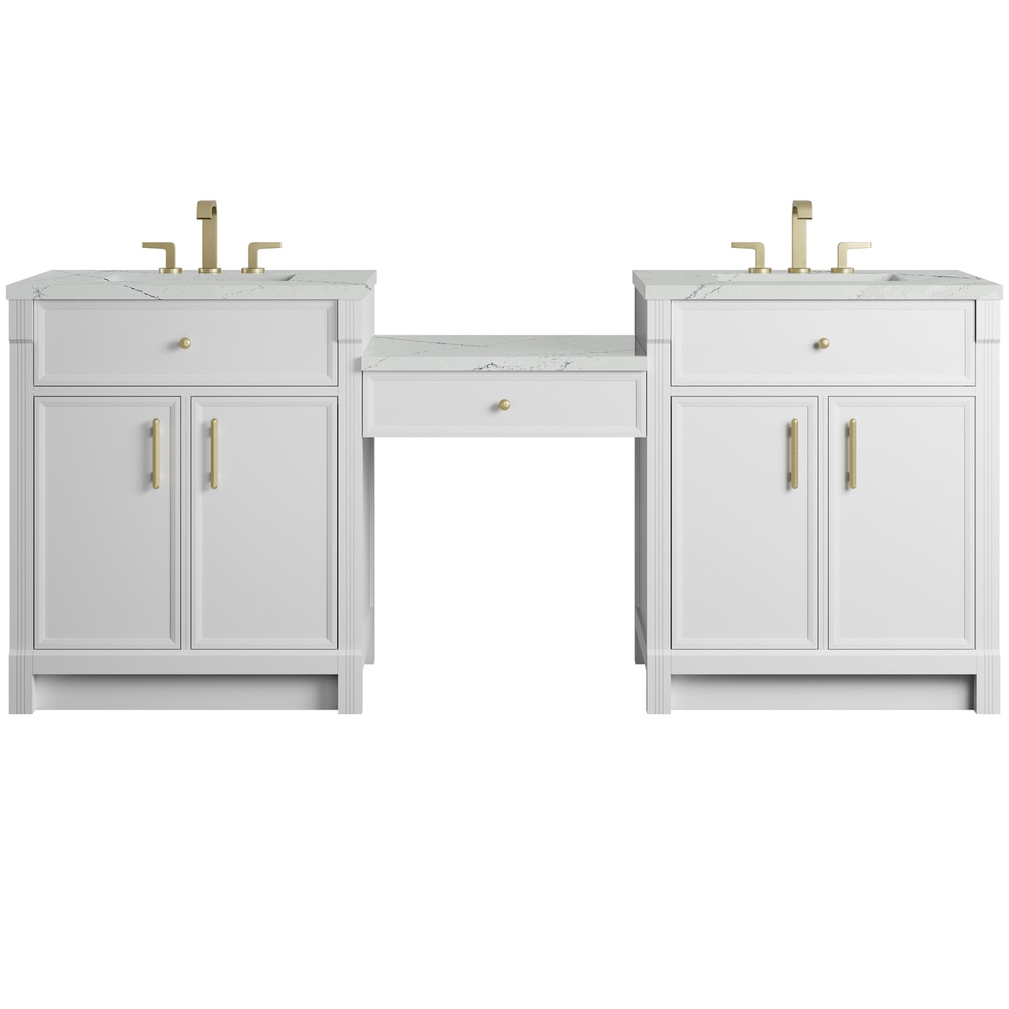 Renovate for Less Atlanta Bellshire 84" Dual Vanity Set with 24" Make-Up Counter, Bright White w/3 cm Ethereal Noctis Silestone Top