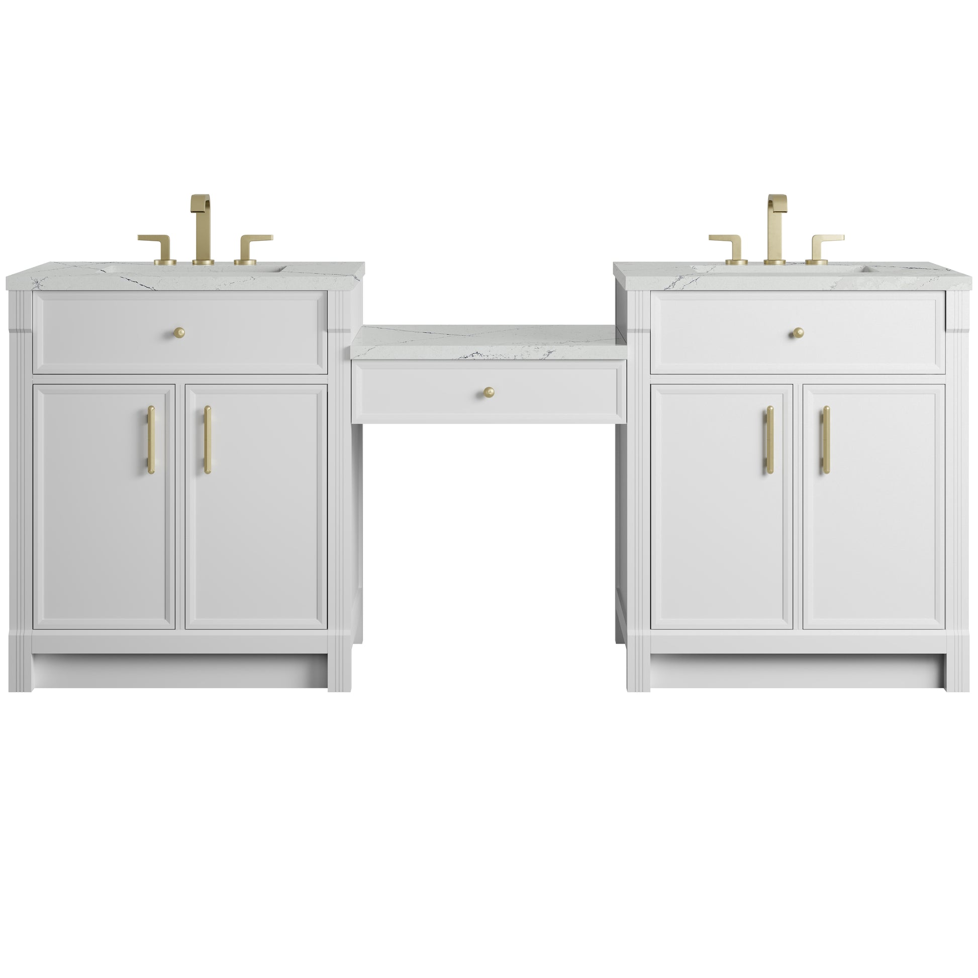 Renovate for Less Atlanta Bellshire 84" Dual Vanity Set with 24" Make-Up Counter, Bright White w/3 cm Ethereal Noctis Silestone Top