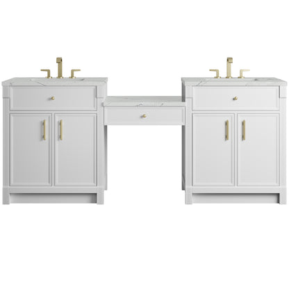 Renovate for Less Atlanta Bellshire 84" Dual Vanity Set with 24" Make-Up Counter, Bright White w/3 cm Ethereal Noctis Silestone Top