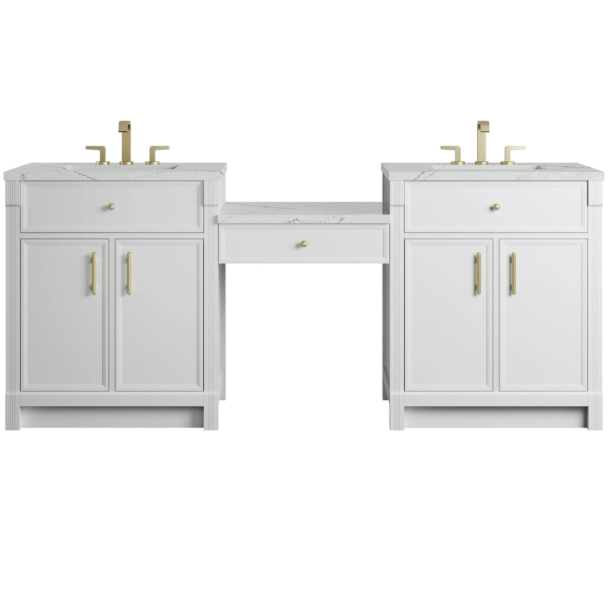 Bellshire 84" Dual Vanity Set with 24" Make-Up Counter, Bright White w/3 cm Ethereal Noctis Silestone Top