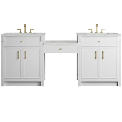 Bellshire 84" Dual Vanity Set with 24" Make-Up Counter, Bright White w/3 cm Ethereal Noctis Silestone Top