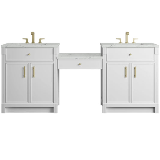 Bellshire 84" Dual Vanity Set with 24" Make-Up Counter, Bright White w/3 cm Ethereal Noctis Silestone Top