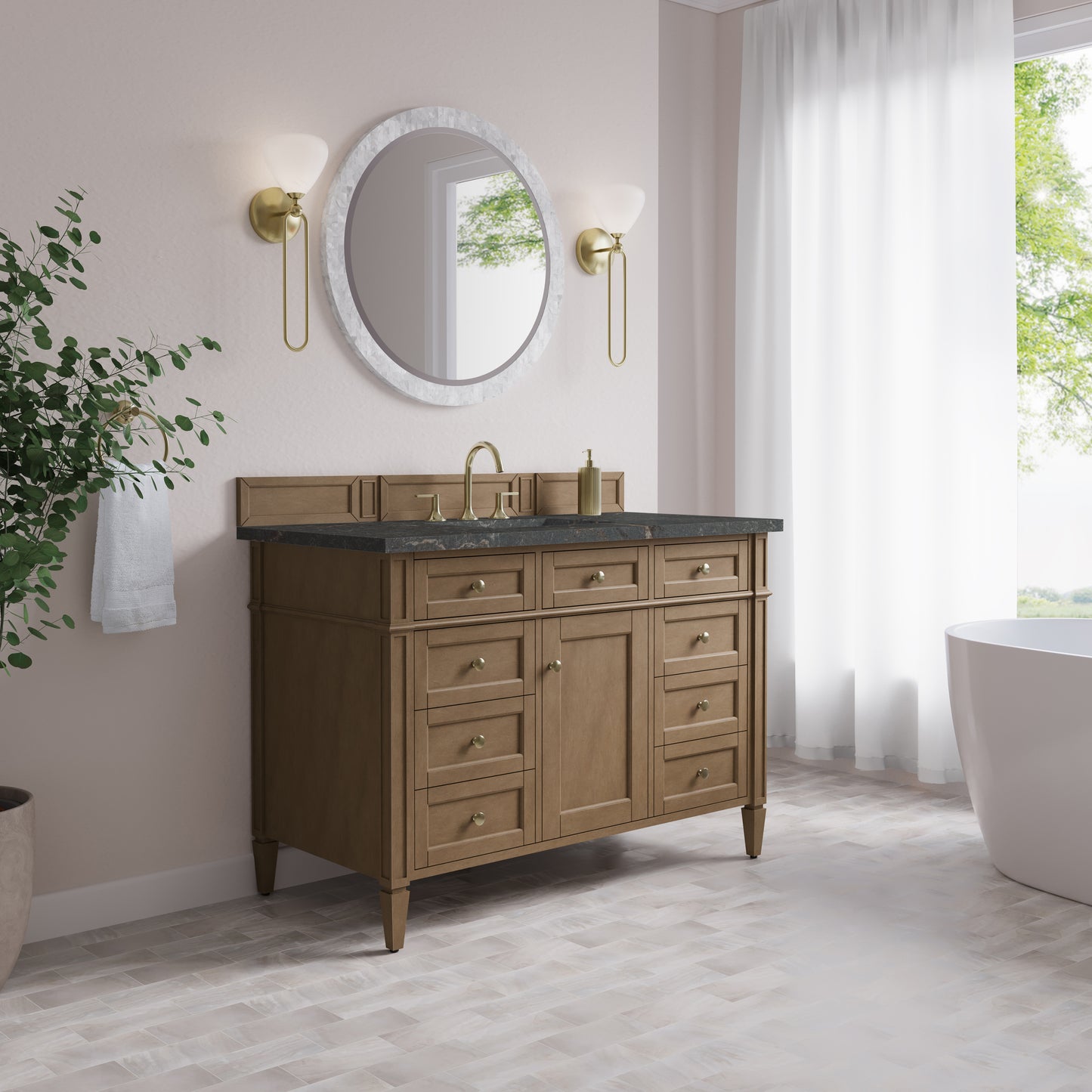 Renovate for Less Atlanta Brittany 48" Single Vanity, Pecan w/ 3 CM Parisien Bleu Silestone Top