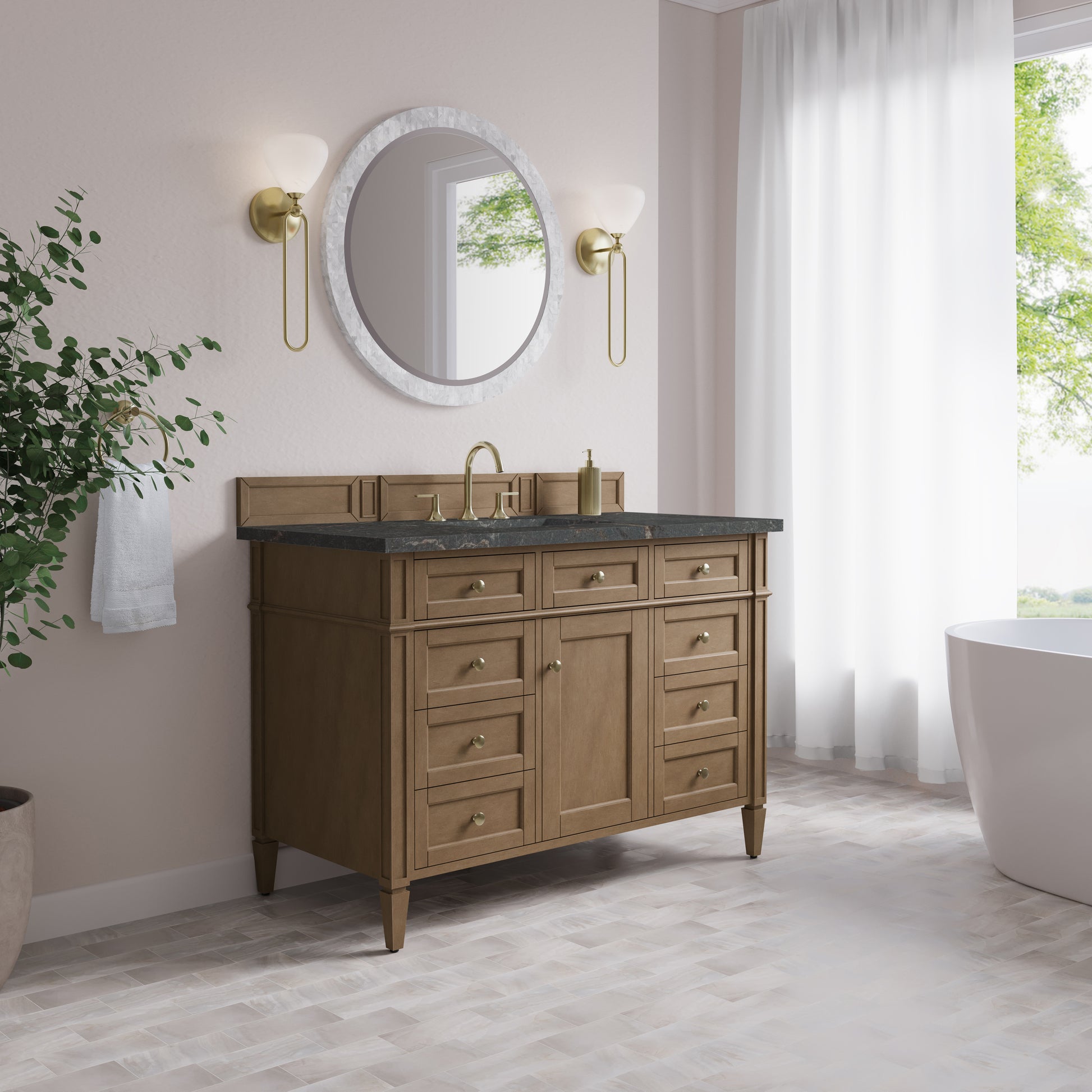 Renovate for Less Atlanta Brittany 48" Single Vanity, Pecan w/ 3 CM Parisien Bleu Silestone Top w/FreePower Wireless Charger