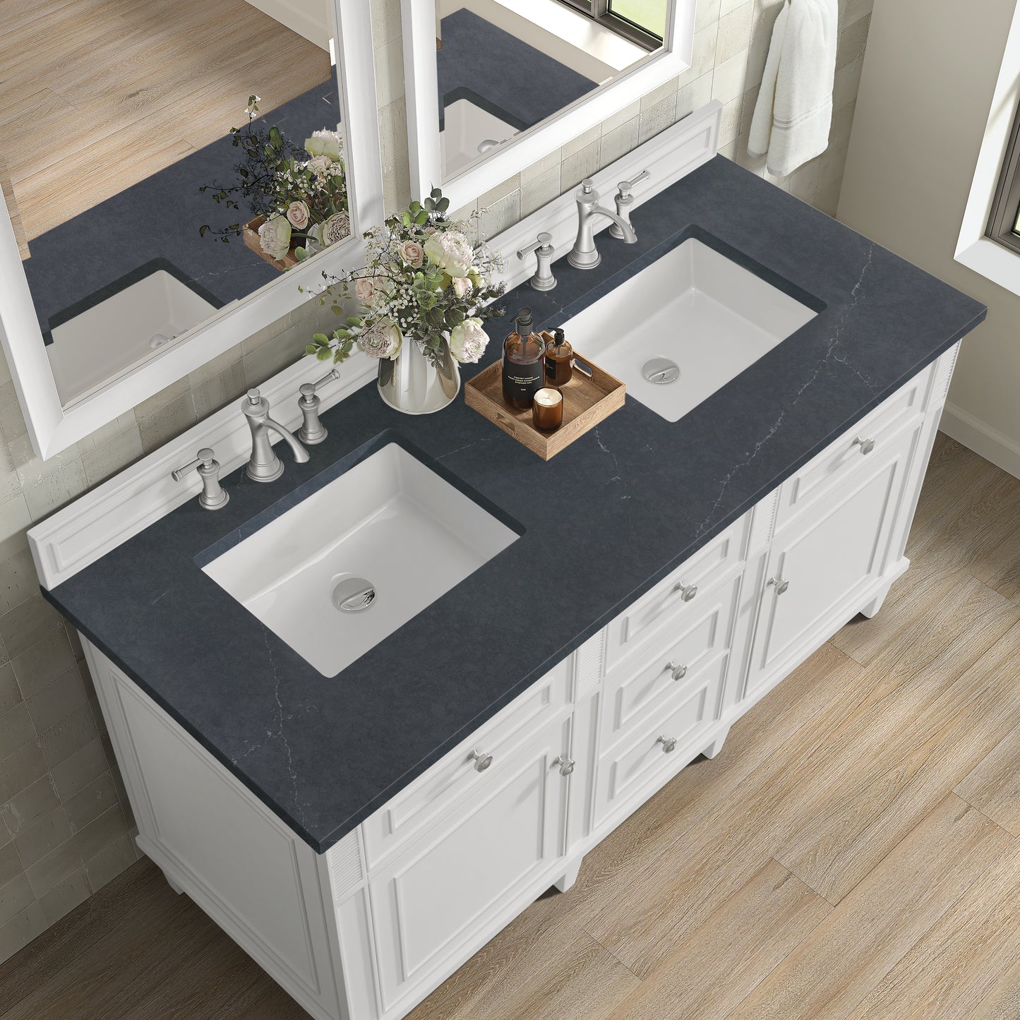 Renovate for Less Atlanta Lorelai 60" Double Vanity, Bright White w/ 3 CM Charcoal Soapstone Silestone Top