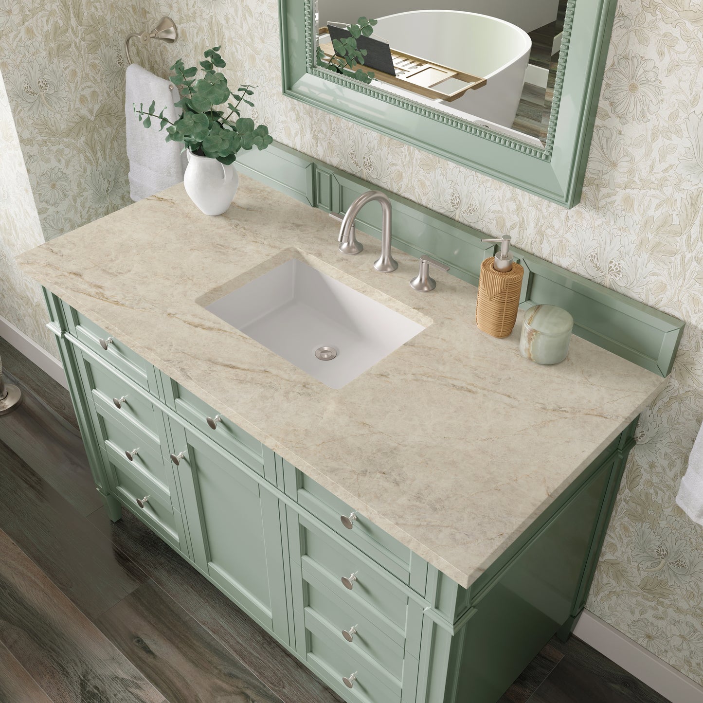 Renovate for Less Atlanta Brittany 48" Single Vanity, Sage Green, w/ 3 CM Tajnar Eclos Top
