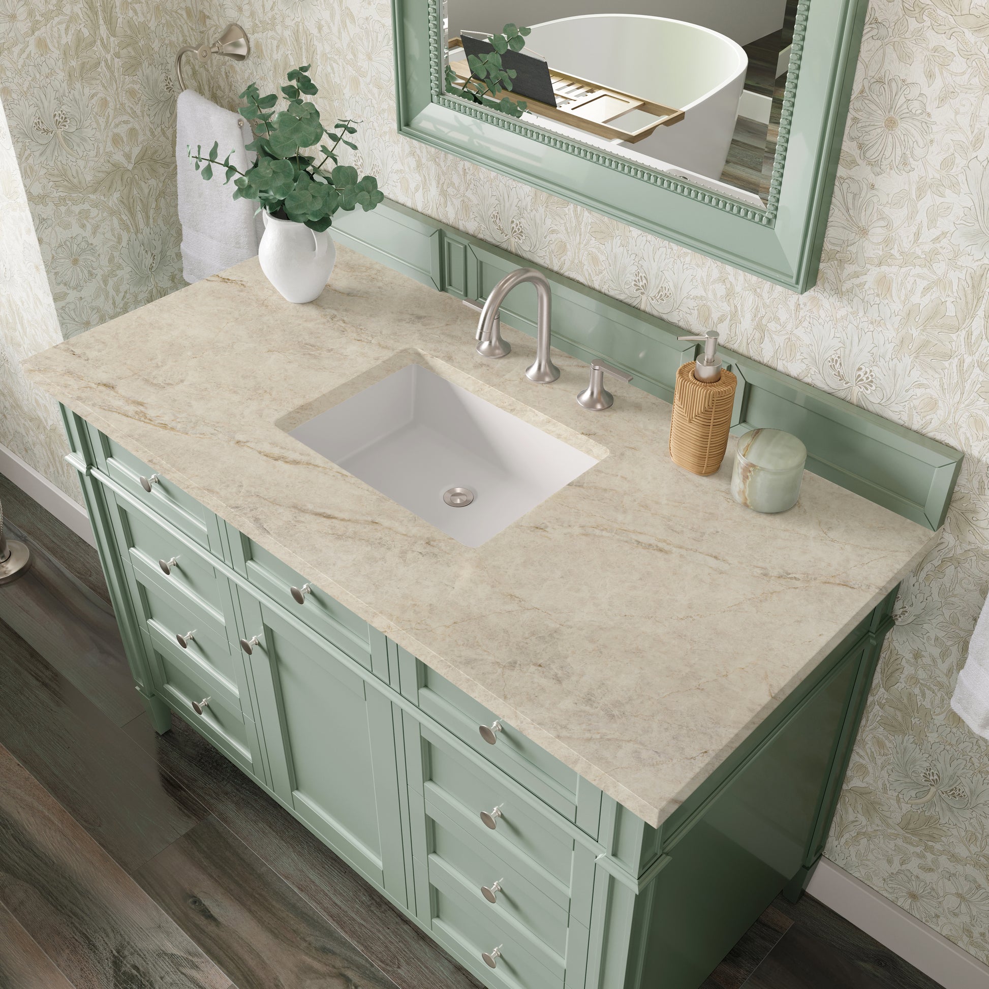 Renovate for Less Atlanta Brittany 48" Single Vanity, Sage Green, w/ 3 CM Tajnar Eclos Top