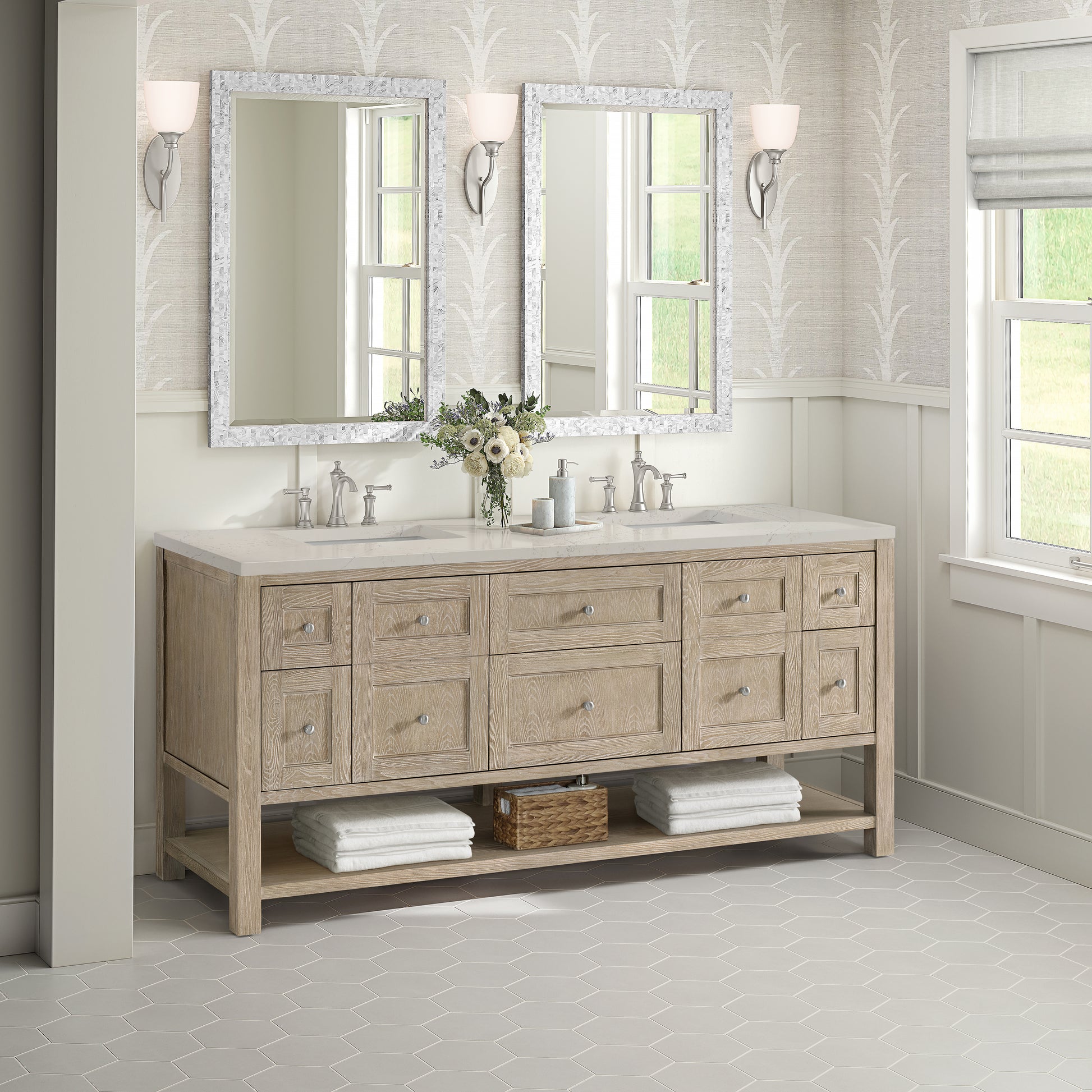 Renovate for Less Atlanta Breckenridge 72" Double Vanity, Whitewashed Oak, w/ 3 CM Siberian Silestone Top w/FreePower Wireless Charger