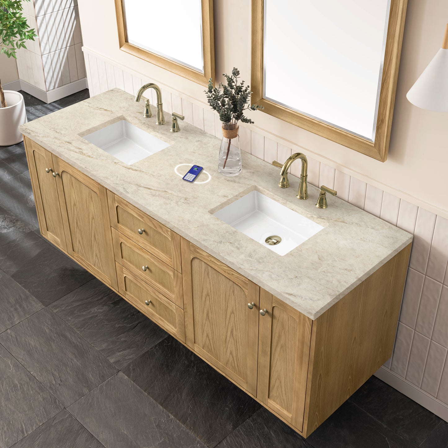 Renovate for Less Atlanta Laurent 72" Double Vanity, Light Natural Oak, w/ 3 CM Tajnar Eclos Top w/FreePower Wireless Charger