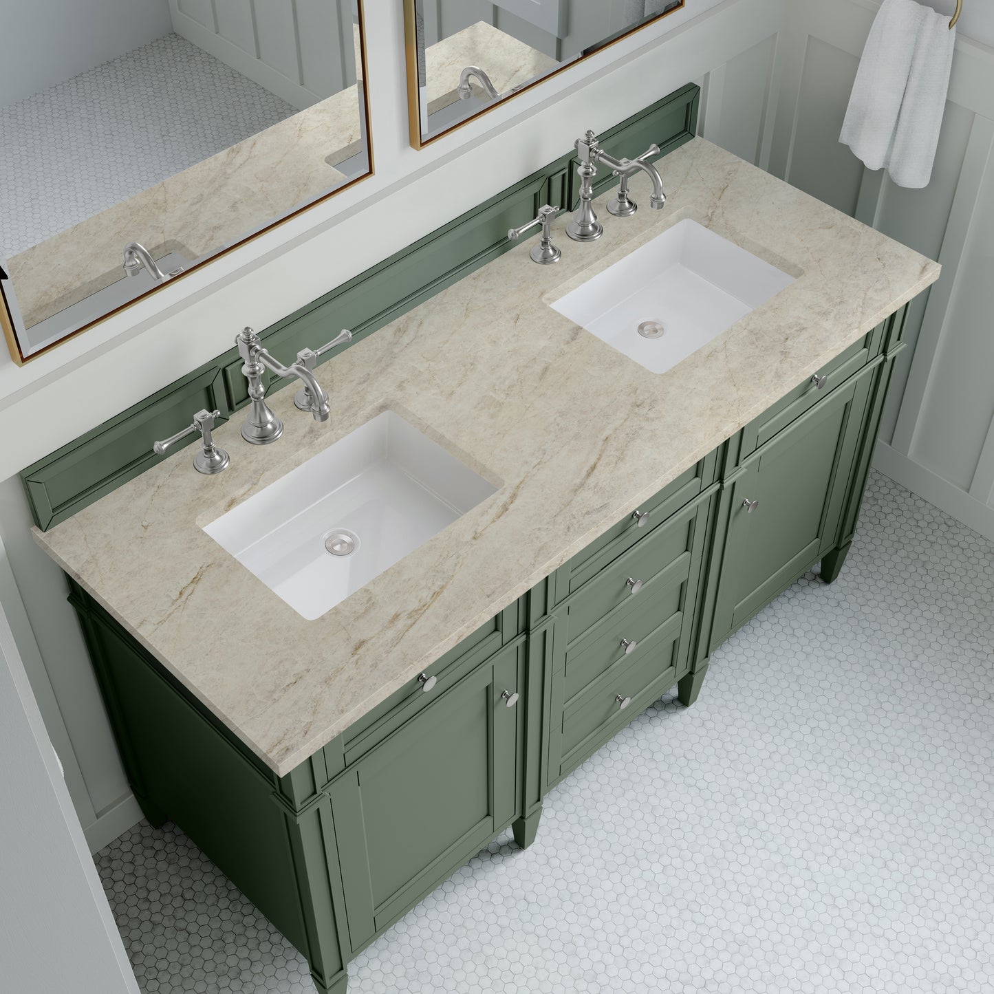 Renovate for Less Atlanta Brittany 60" Double Vanity, Smokey Celadon, w/ 3 CM Tajnar Eclos Top