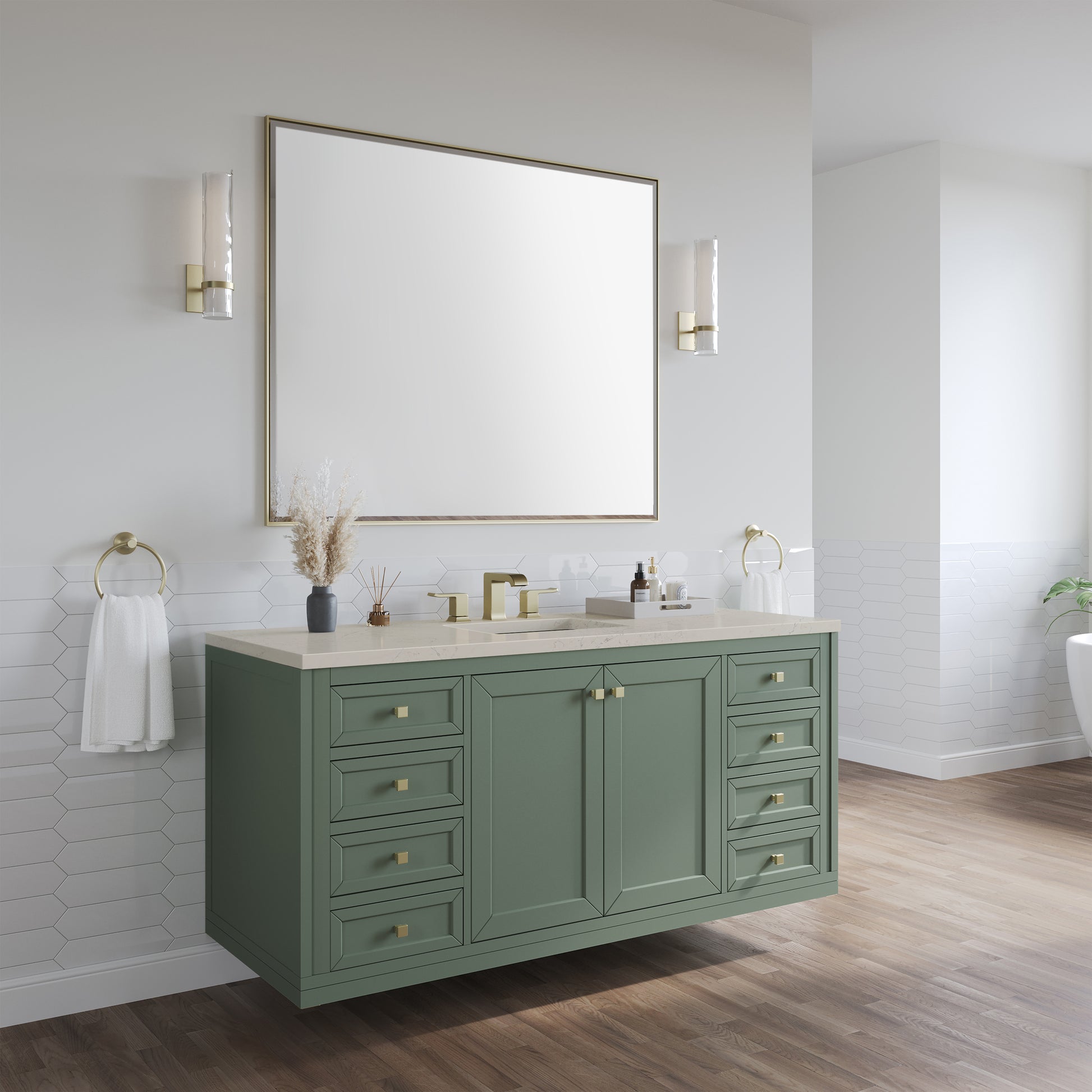 Renovate for Less Atlanta Chicago 60" Single Vanity, Smokey Celadon, w/ 3 CM Siberian Silestone Top