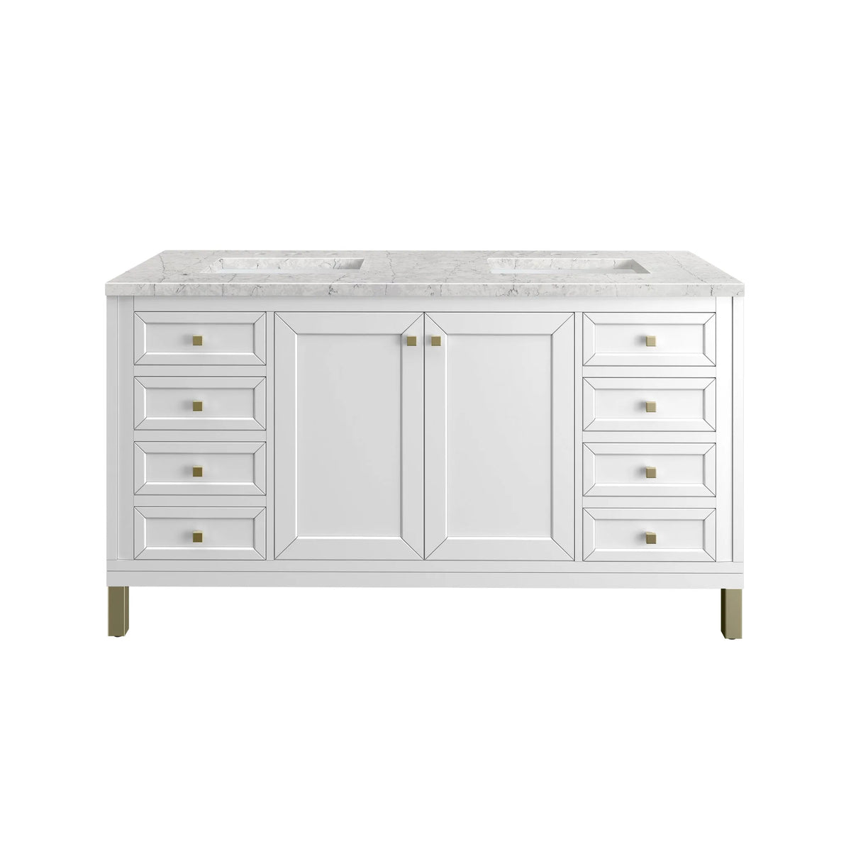 Chicago 60" Double Vanity, Glossy White, w/ 3 CM Eternal Jasmine Pearl Silestone® Top w/FreePower Wireless Charger