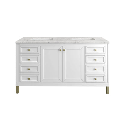 Chicago 60" Double Vanity, Glossy White, w/ 3 CM Eternal Jasmine Pearl Silestone® Top w/FreePower Wireless Charger
