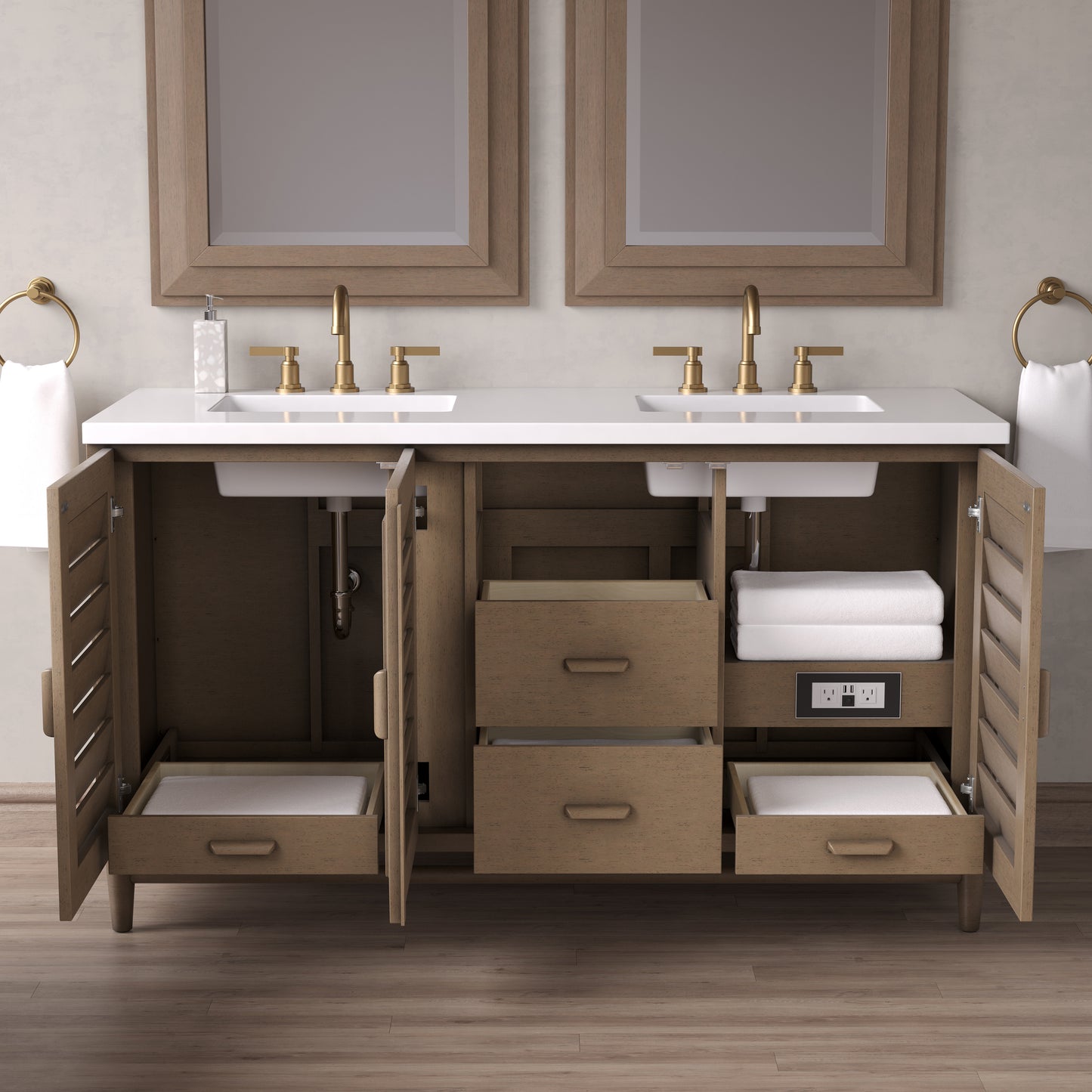 Renovate for Less Atlanta Portland 60" Double Vanity Whitewashed Walnut w/ 3 CM White Zeus Silestone Top