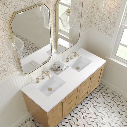 Laurent 60" Double Vanity, Light Natural Oak, w/ 3 CM White Zeus Quartz Top