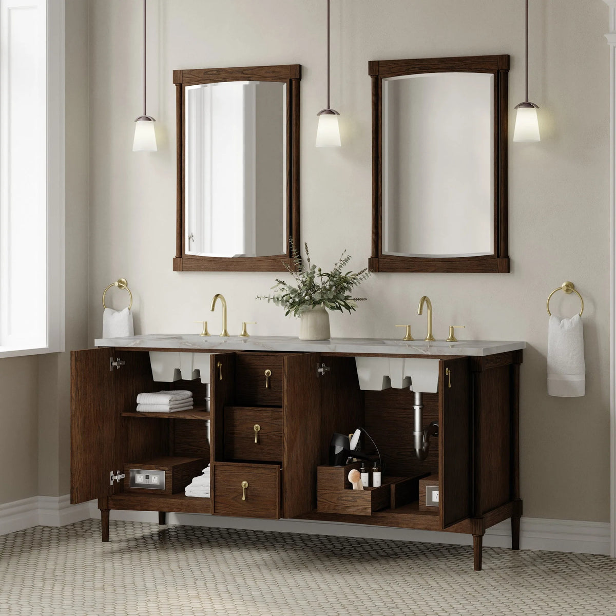 Kinnsden 72" Double Vanity, Sable Oak w/ 3 CM Victorian Silver Silestone Top w/FreePower Wireless Charger