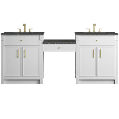 Bellshire 84" Dual Vanity Set with 24" Make-Up Counter, Bright White w/3 cm Parisien Bleu Silestone Top