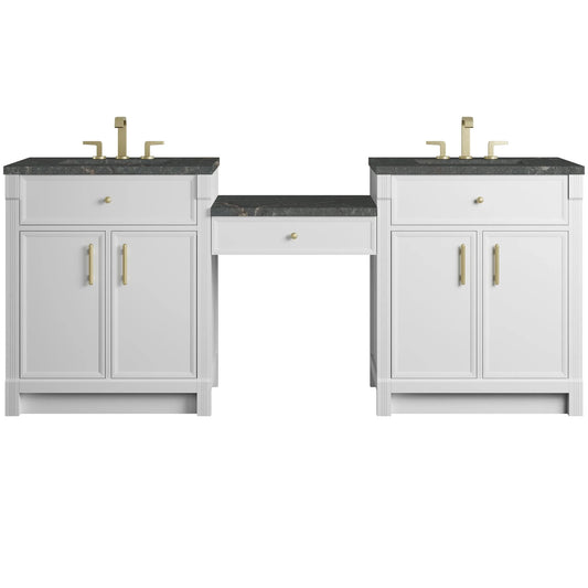 Bellshire 84" Dual Vanity Set with 24" Make-Up Counter, Bright White w/3 cm Parisien Bleu Silestone Top