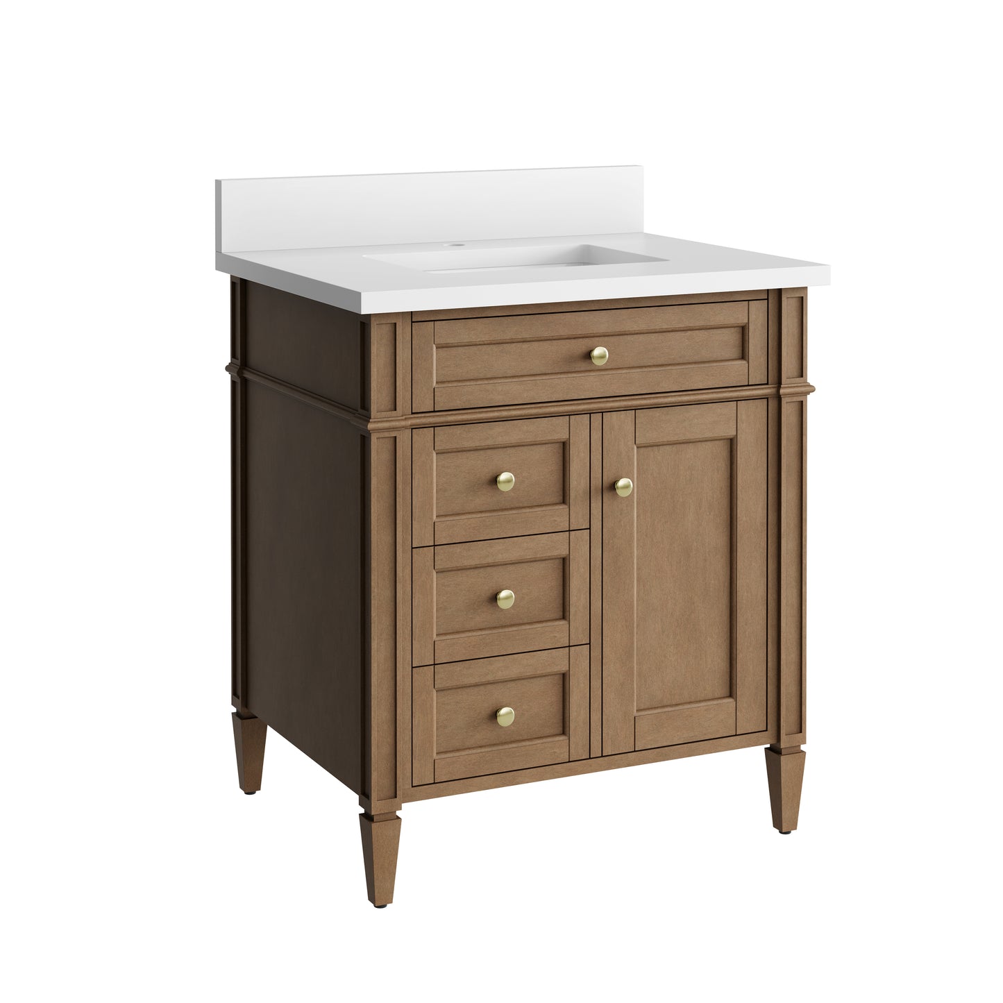 Renovate for Less Atlanta Brittany 30" Single Vanity, Pecan w/ Single Hole 3 CM White Zeus Silestone Top and Matching Backsplash