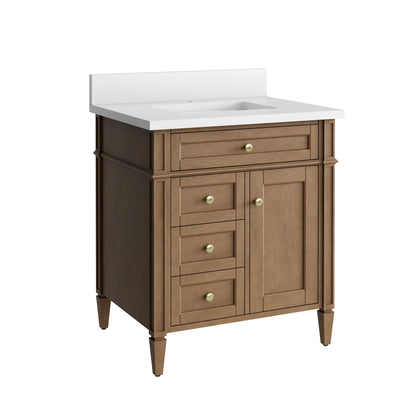 Renovate for Less Atlanta Brittany 30" Single Vanity, Pecan w/ Single Hole 3 CM White Zeus Silestone Top and Matching Backsplash