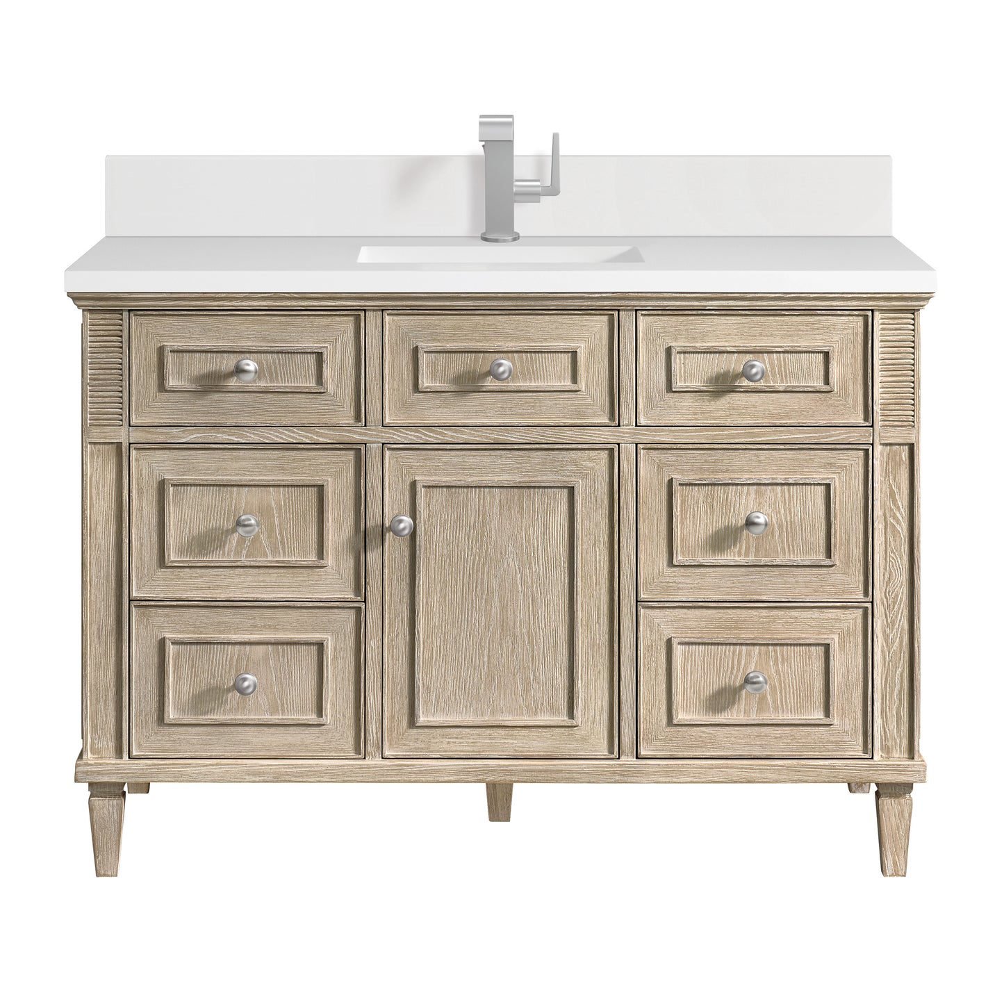 Renovate for Less Atlanta Lorelai 48" Single Vanity, Whitewashed Oak w/ Single Hole 3 CM White Zeus Silestone Top & Backsplash
