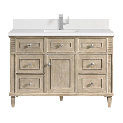 Renovate for Less Atlanta Lorelai 48" Single Vanity, Whitewashed Oak w/ Single Hole 3 CM White Zeus Silestone Top & Backsplash