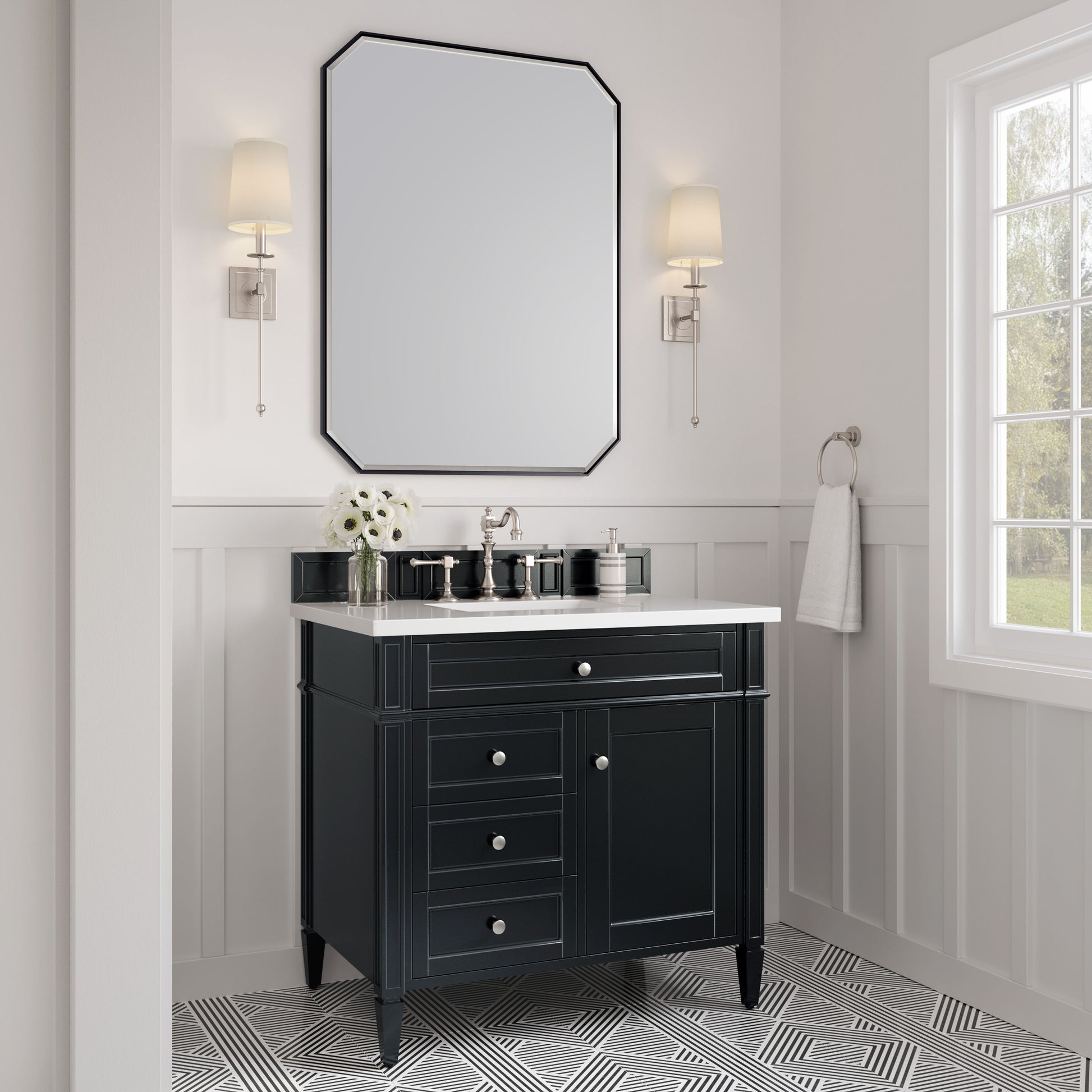 Renovate for Less Atlanta Brittany 36" Single Vanity, Black Onyx w/ 3 CM White Zeus Silestone Top