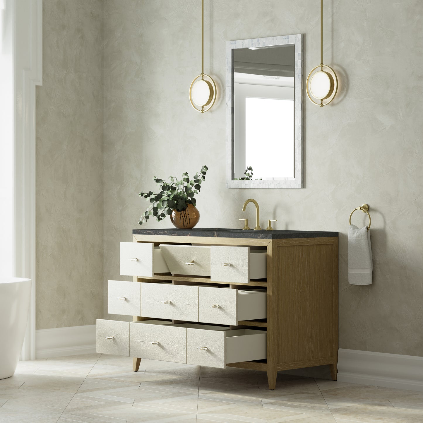 Renovate for Less Atlanta Celeste 48" Single Vanity, Sunwashed Oak with Embossed Shagreen w/ 3 CM Parisien Bleu Silestone Top w/ FreePower Wireless Charger