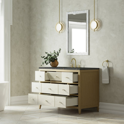 Renovate for Less Atlanta Celeste 48" Single Vanity, Sunwashed Oak with Embossed Shagreen w/ 3 CM Parisien Bleu Silestone Top w/ FreePower Wireless Charger