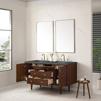 Amberly 60" Double Vanity, Mid-Century Walnut w/ 3 CM Parisien Bleu Top w/FreePower Wireless Charger