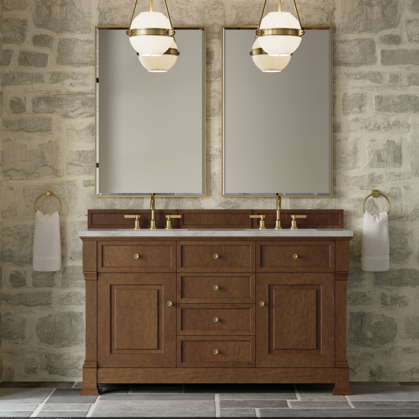 Renovate for Less Atlanta Brookfield 60" Double Vanity, Honey Oak w/ 3 CM Victorian Silver Silestone Top w/FreePower Wireless Charger