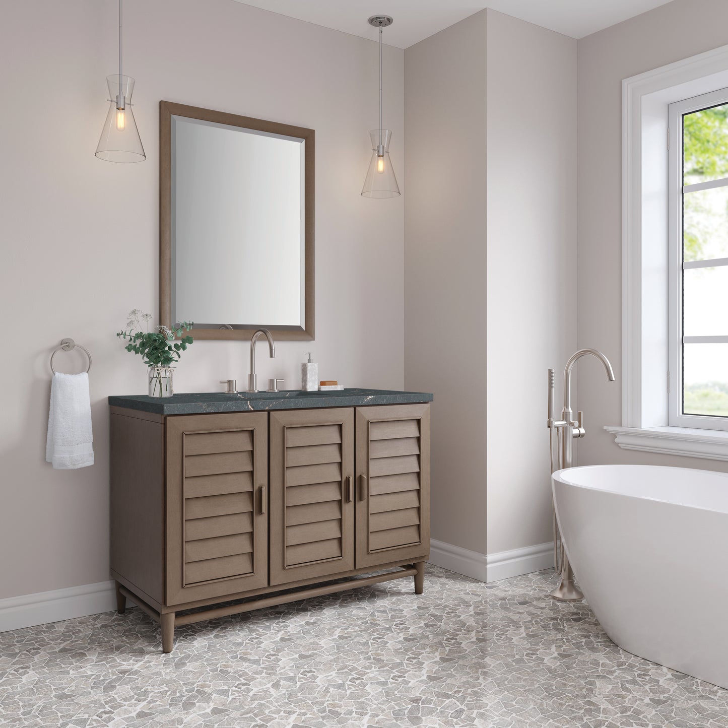 Renovate for Less Atlanta Portland 48" Single Vanity Whitewashed Walnut w/ 3 CM Parisien Bleu Silestone Top w/FreePower Wireless Charger