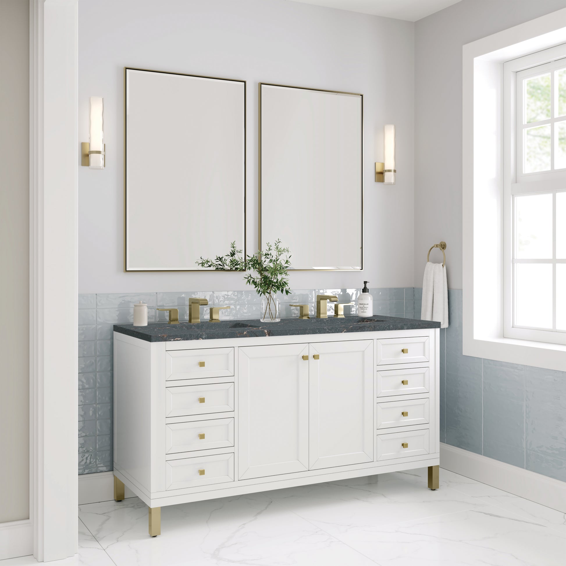 Renovate for Less Atlanta Chicago 60" Double Vanity, Glossy White, w/ 3 CM Parisien Bleu Silestone® Top w/FreePower Wireless Charger