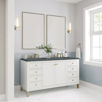 Chicago 60" Double Vanity, Glossy White, w/ 3 CM Parisien Bleu Silestone® Top w/FreePower Wireless Charger