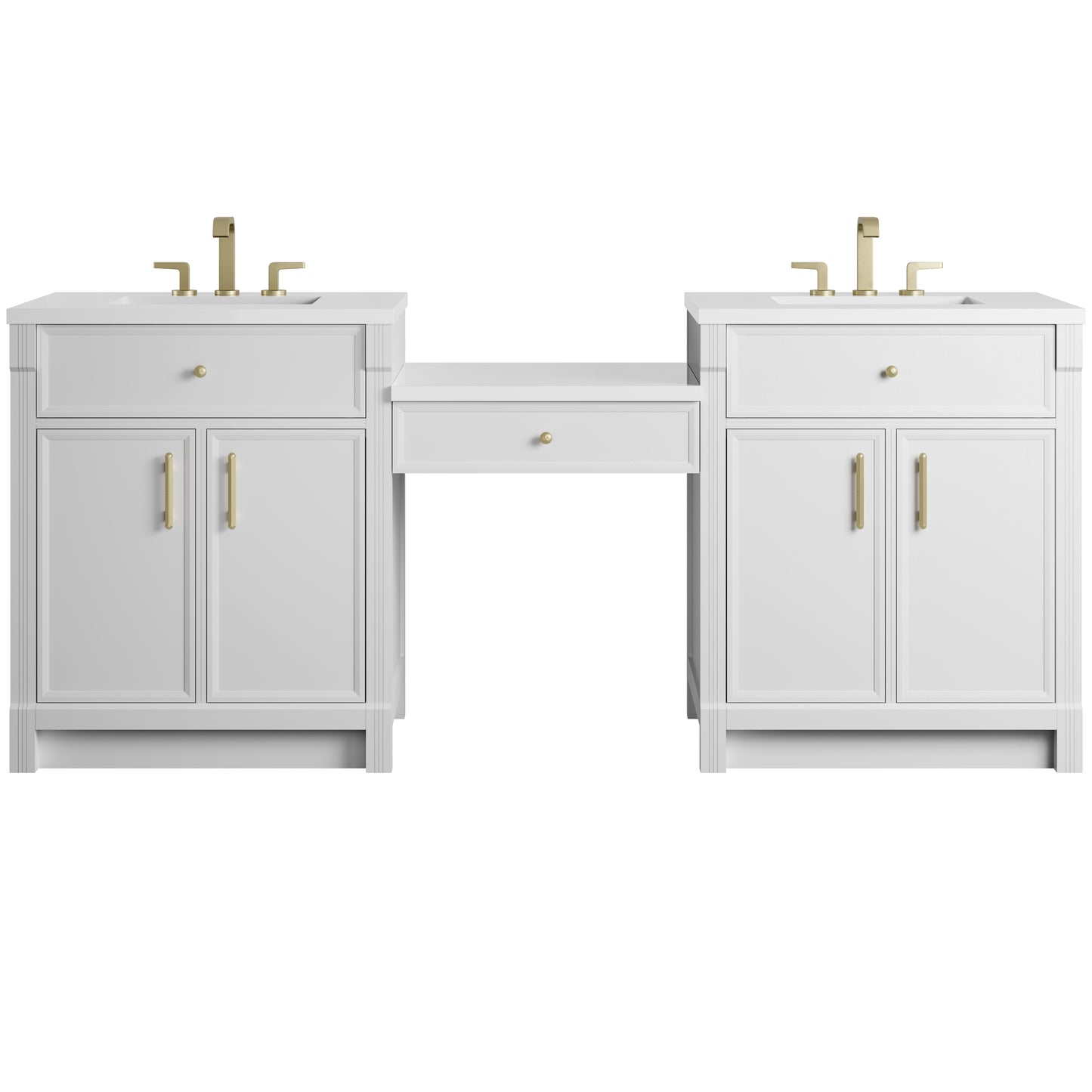 Renovate for Less Atlanta Bellshire 84" Dual Vanity Set with 24" Make-Up Counter, Bright White w/3 cm White Zeus Silestone Top