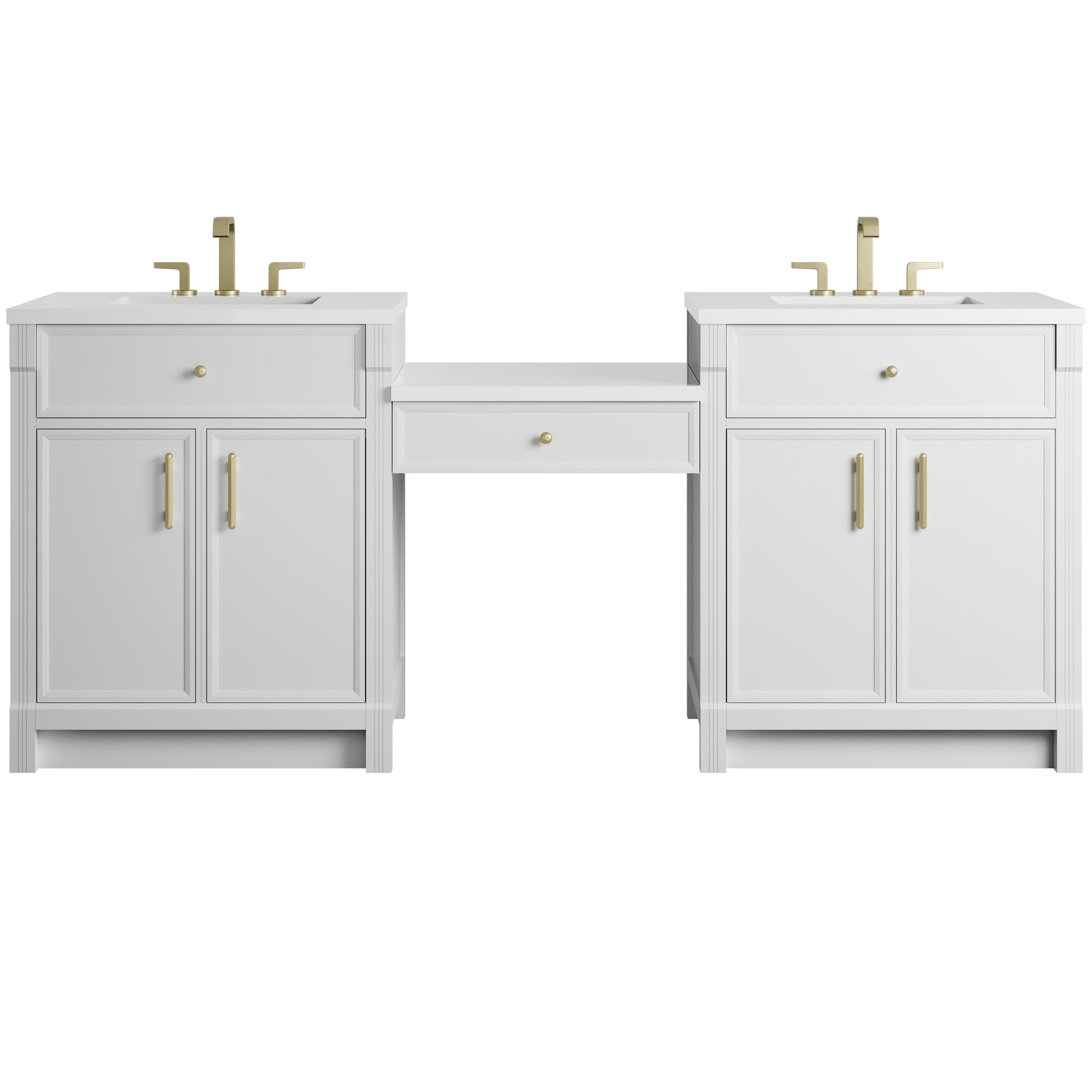 Renovate for Less Atlanta Bellshire 84" Dual Vanity Set with 24" Make-Up Counter, Bright White w/3 cm White Zeus Silestone Top