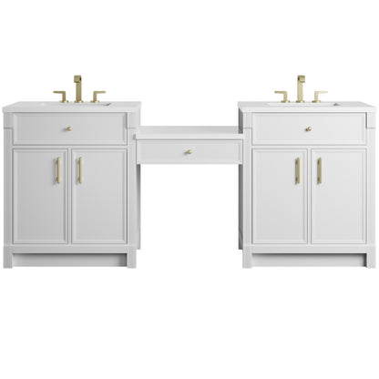 Renovate for Less Atlanta Bellshire 84" Dual Vanity Set with 24" Make-Up Counter, Bright White w/3 cm White Zeus Silestone Top