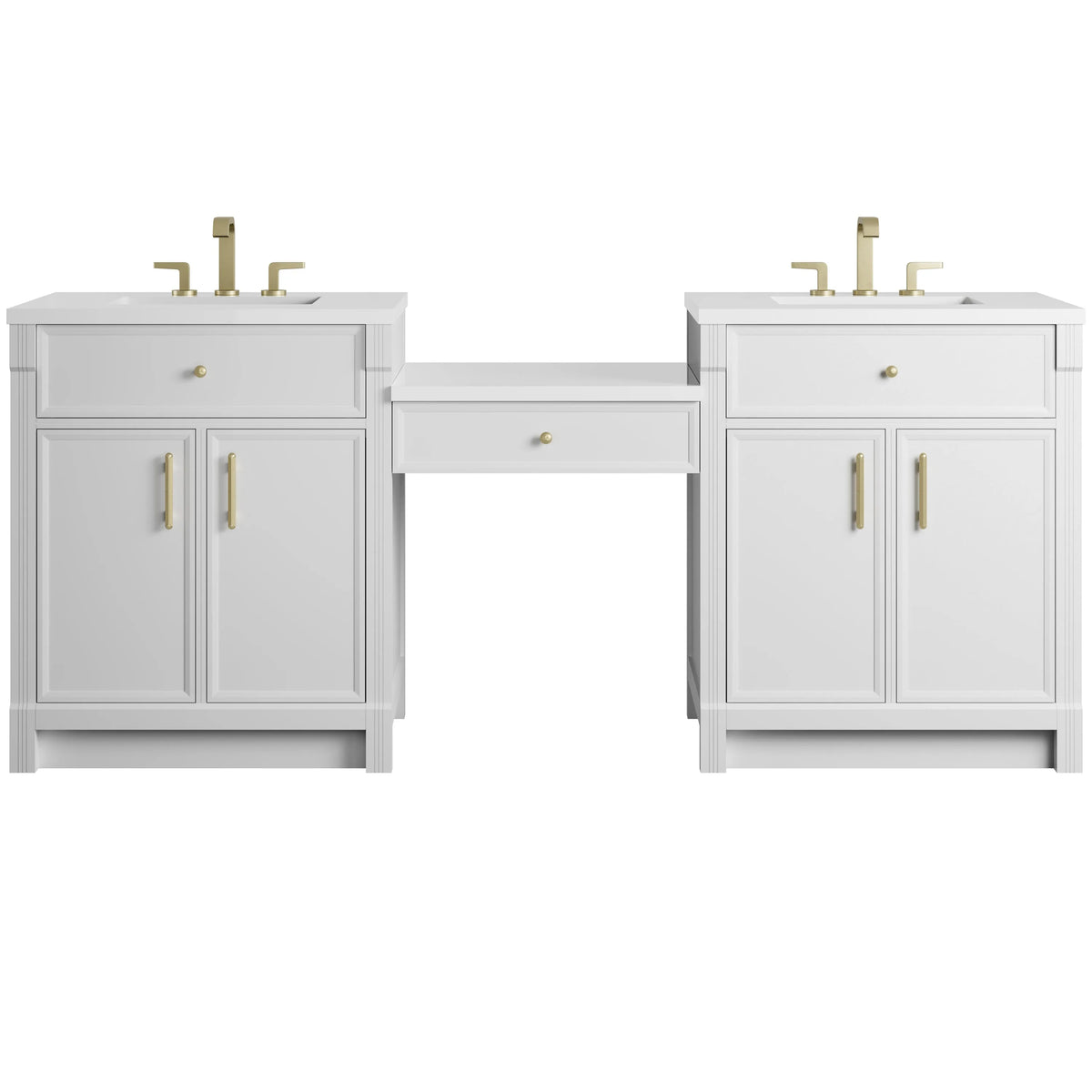 Bellshire 84" Dual Vanity Set with 24" Make-Up Counter, Bright White w/3 cm White Zeus Silestone Top