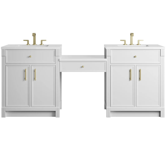 Bellshire 84" Dual Vanity Set with 24" Make-Up Counter, Bright White w/3 cm White Zeus Silestone Top