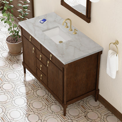 Renovate for Less Atlanta Kinnsden 48" Single Vanity, Sable Oak w/ 3 CM Victorian Silver Silestone Top w/FreePower Wireless Charger
