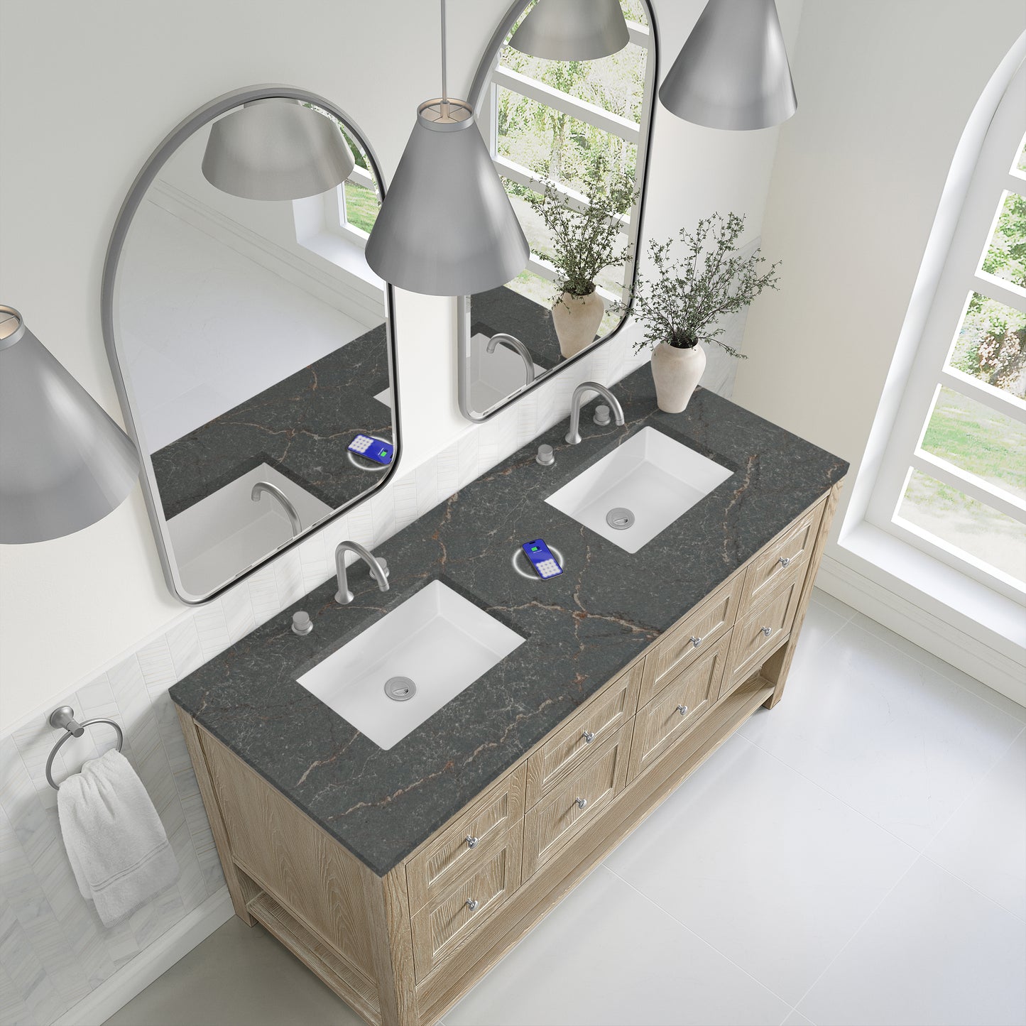 Renovate for Less Atlanta Breckenridge 60" Double Vanity, Whitewashed Oak w/ 3 CM Parisien Bleu Top w/FreePower Wireless Charger