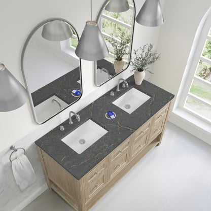 Renovate for Less Atlanta Breckenridge 60" Double Vanity, Whitewashed Oak w/ 3 CM Parisien Bleu Top w/FreePower Wireless Charger