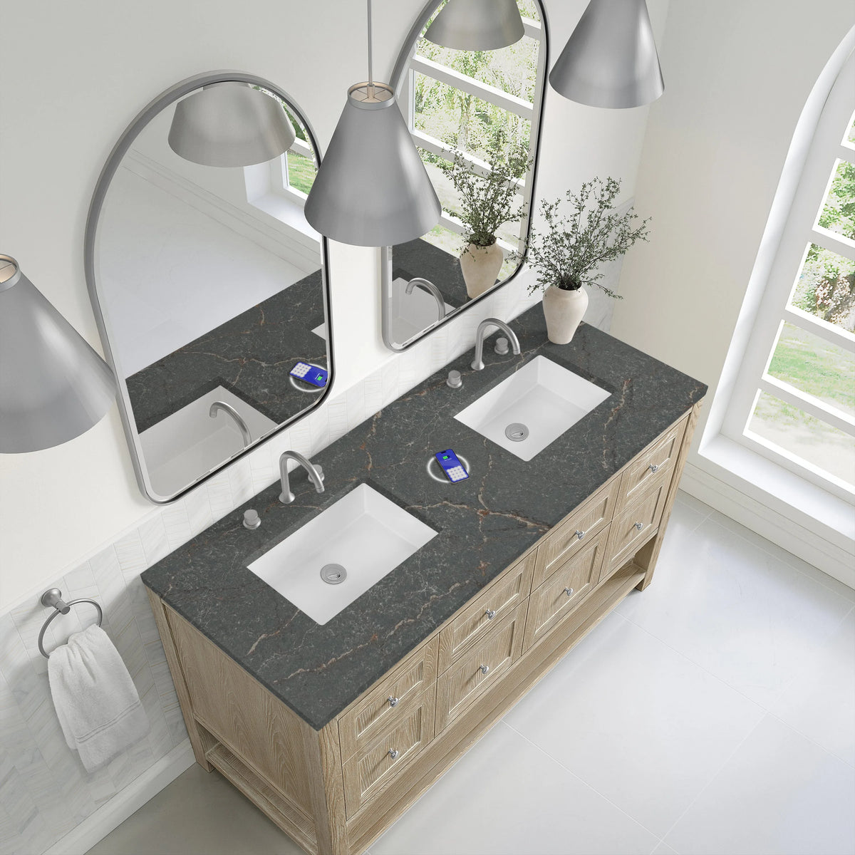 Breckenridge 60" Double Vanity, Whitewashed Oak w/ 3 CM Parisien Bleu Top w/FreePower Wireless Charger