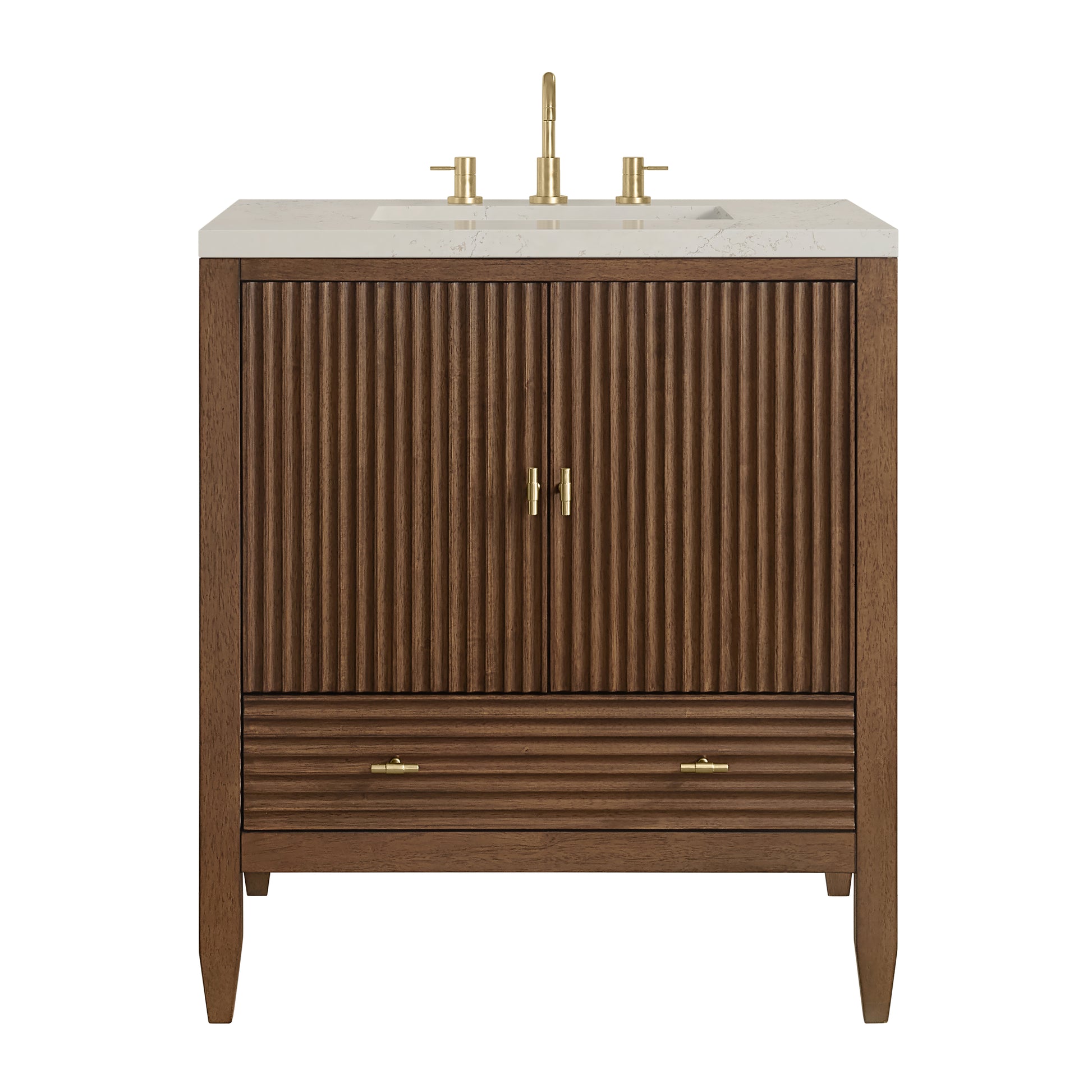Renovate for Less Atlanta Myrrin 30" Single Vanity, Mid-Century Walnut w/ 3 CM Siberian Silestone Top