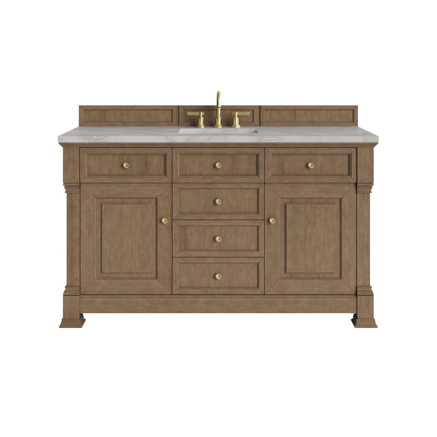 Renovate for Less Atlanta Brookfield 60" Single Vanity, Pecan w/ 3 CM Victorian Silver Silestone Top w/ FreePower Wireless Charger