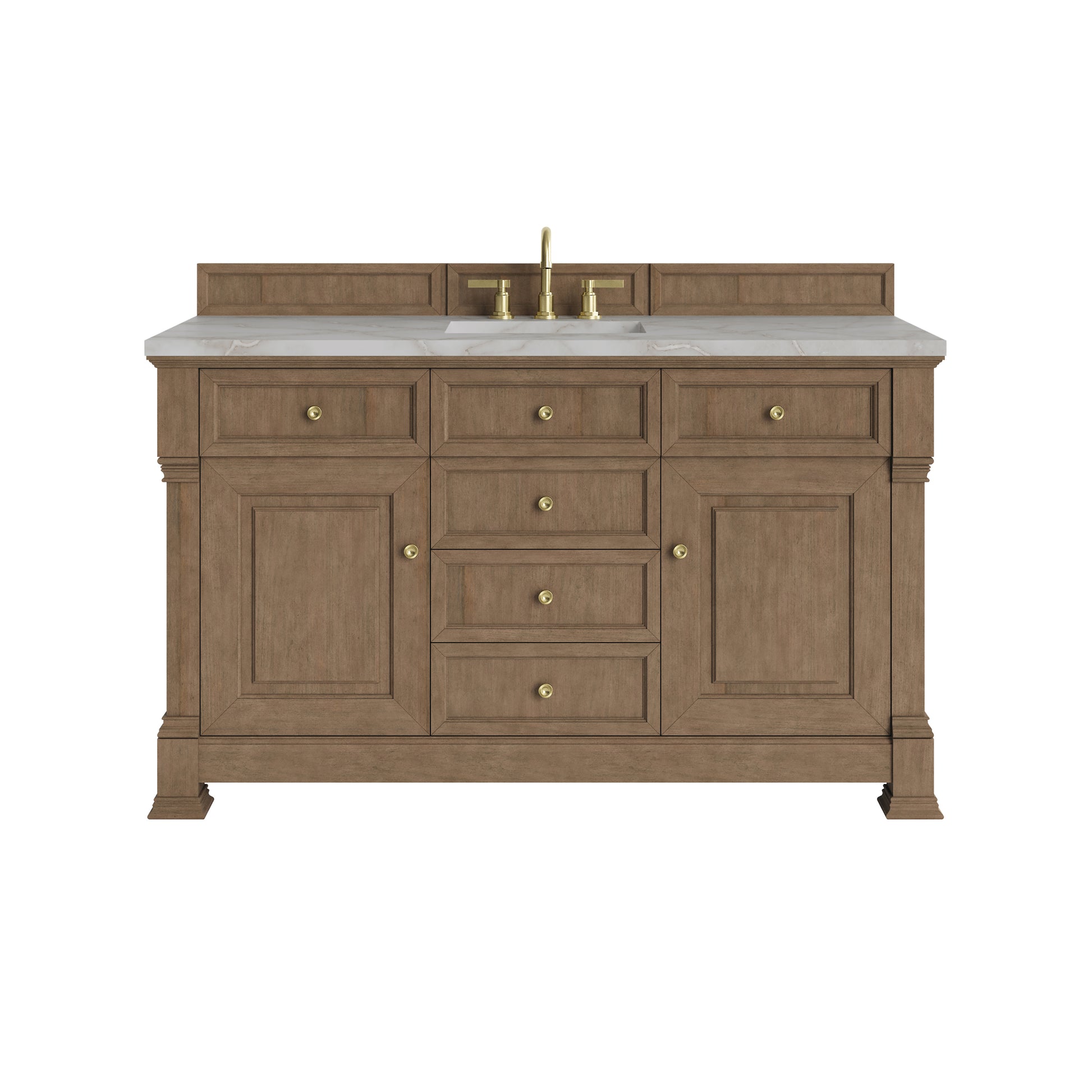 Renovate for Less Atlanta Brookfield 60" Single Vanity, Pecan w/ 3 CM Victorian Silver Silestone Top w/ FreePower Wireless Charger