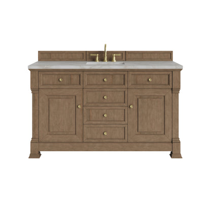 Renovate for Less Atlanta Brookfield 60" Single Vanity, Pecan w/ 3 CM Victorian Silver Silestone Top w/ FreePower Wireless Charger