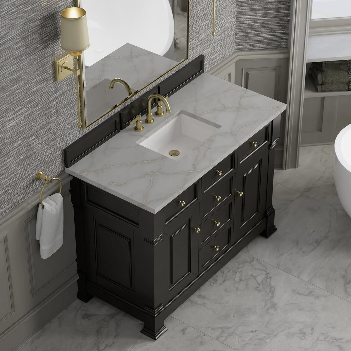 Brookfield 48" Single Vanity, Black Onyx w/ 3 CM Victorian Silver Silestone Top w/ FreePower Wireless Charger