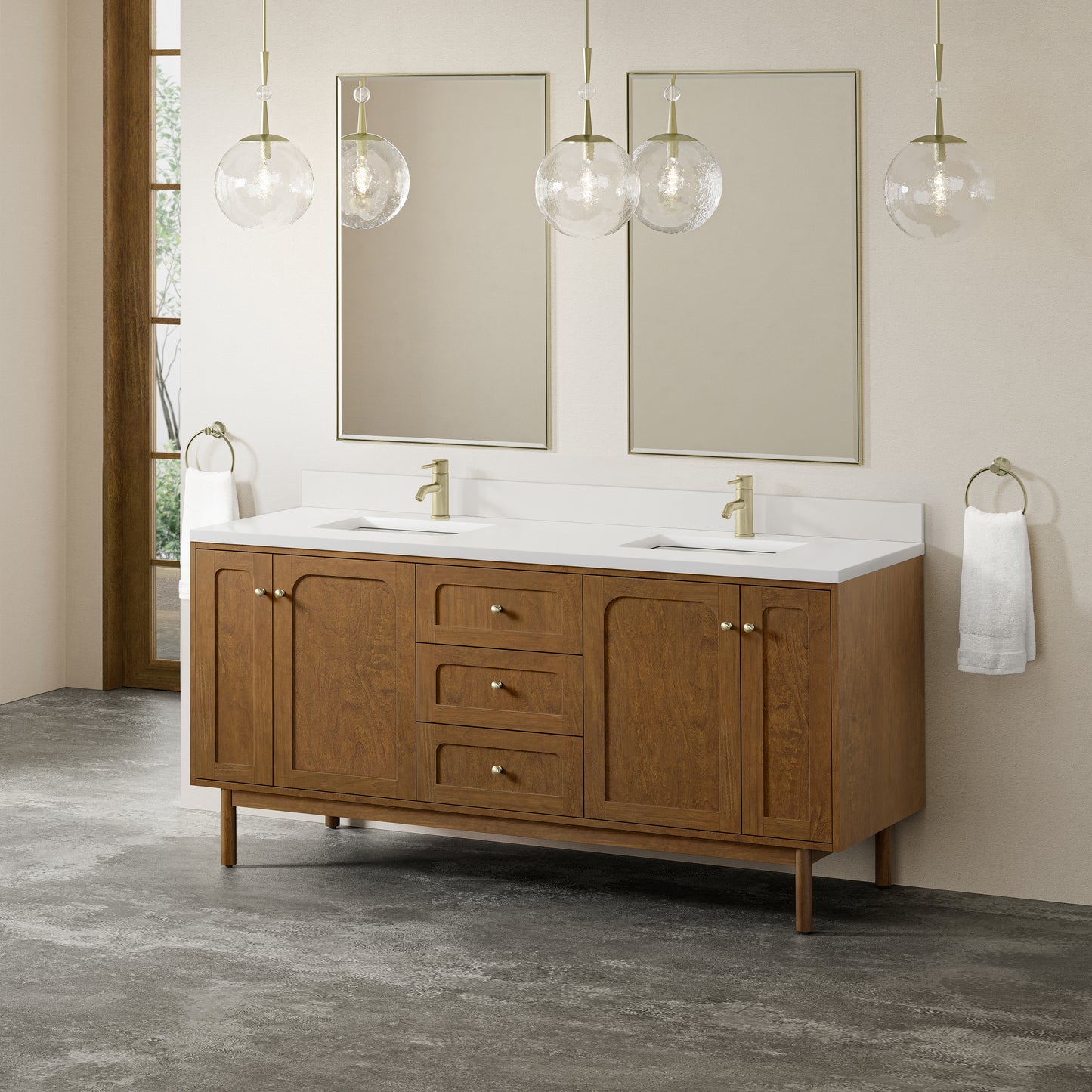 Renovate for Less Atlanta Laurent 72" Double Vanity, Honey Oak w/ Single Hole 3 CM White Zeus Silestone Top and Matching Backsplash