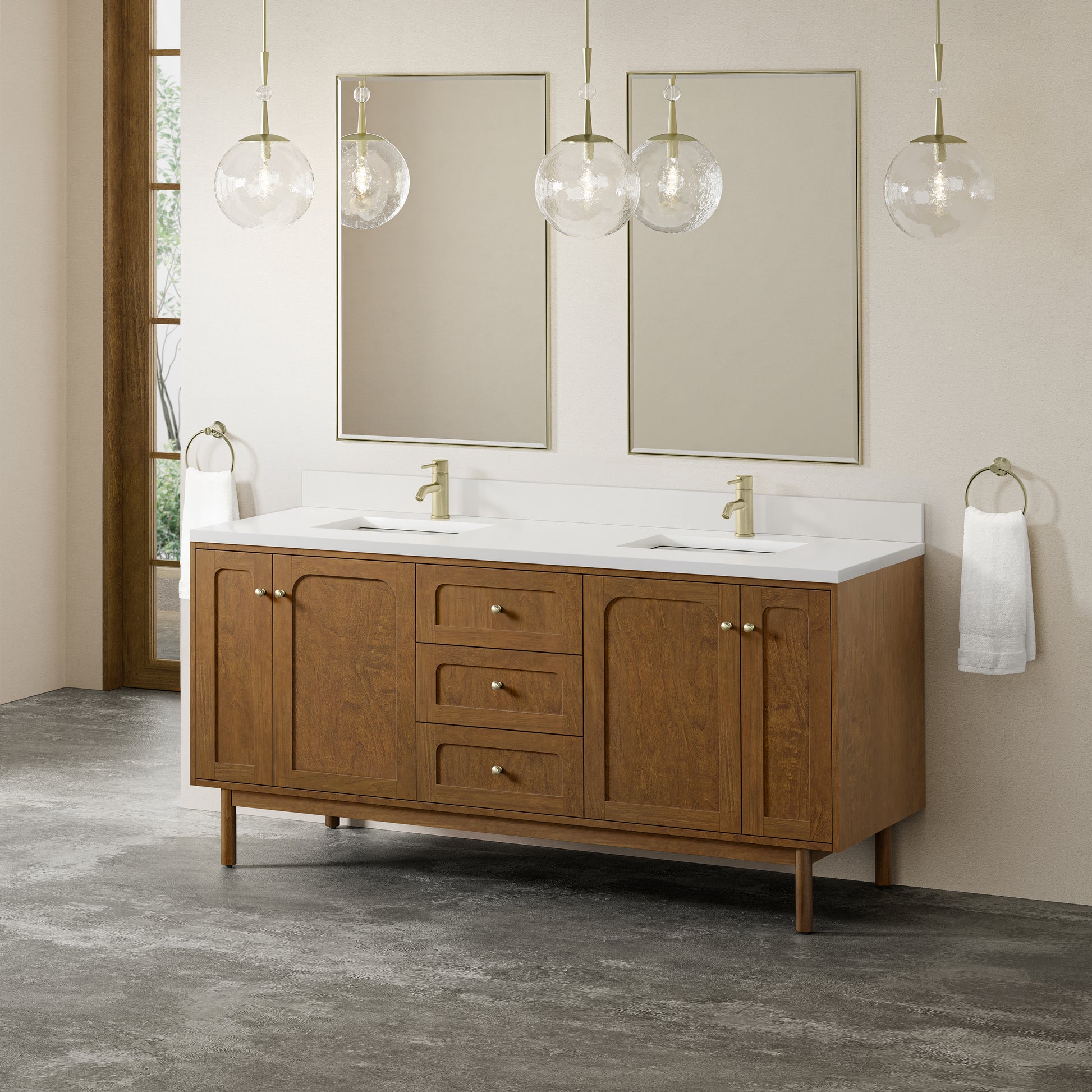 Renovate for Less Atlanta Laurent 72" Double Vanity, Honey Oak w/ Single Hole 3 CM White Zeus Silestone Top and Matching Backsplash